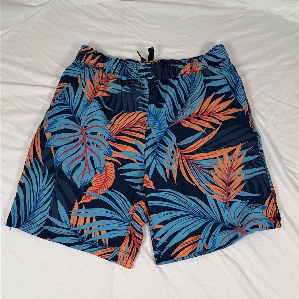 Speedo Navy Swim Trunks with Blue & Orange Tropical Leaf Print